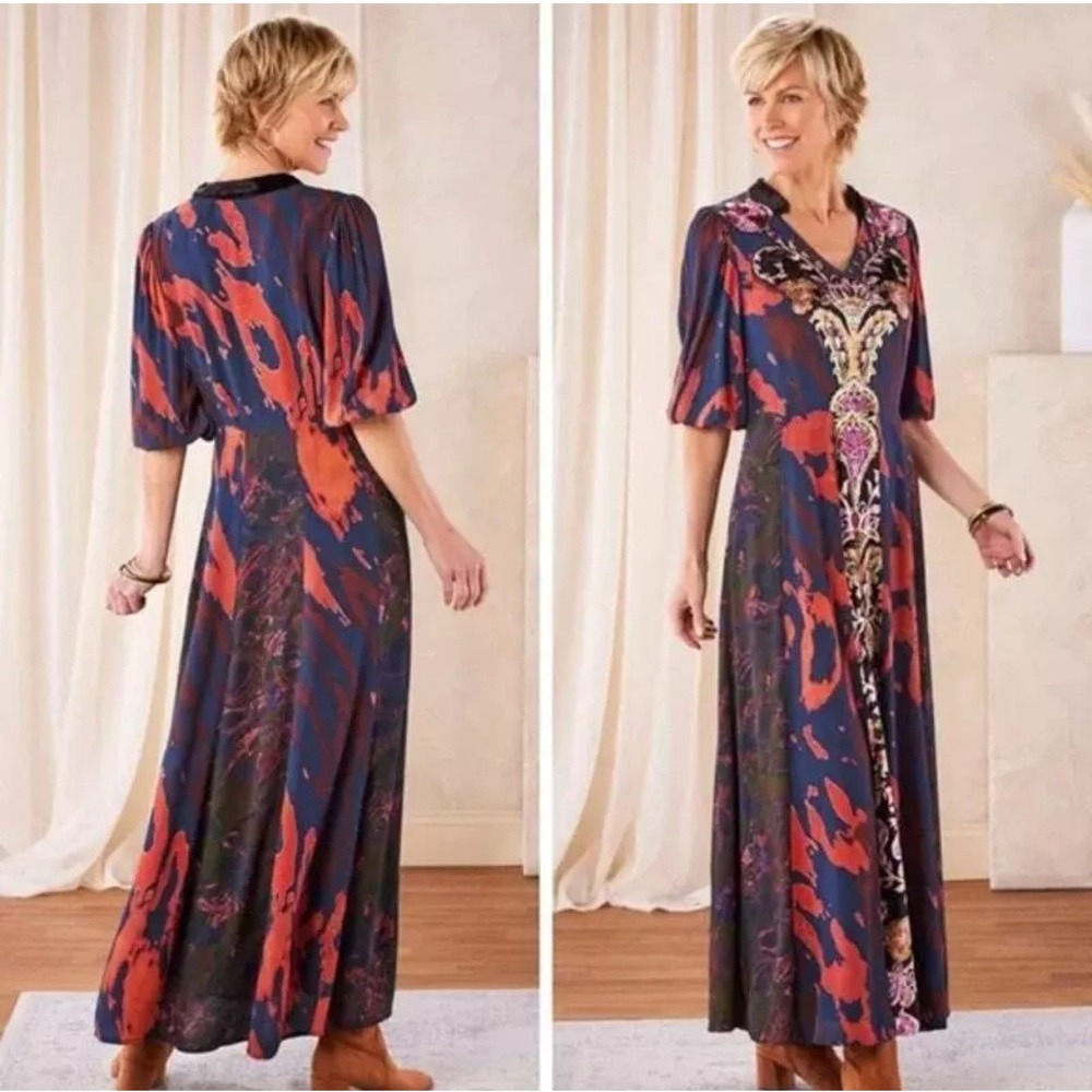Soft‎ Surroundings Epiphany Maxi Dress Rayon Velvet Trim Boho Cheetah Size 14
